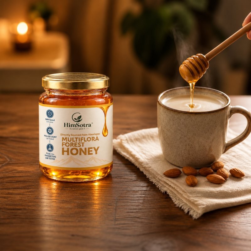 Honey drizzled into a mug of warm milk, with almonds