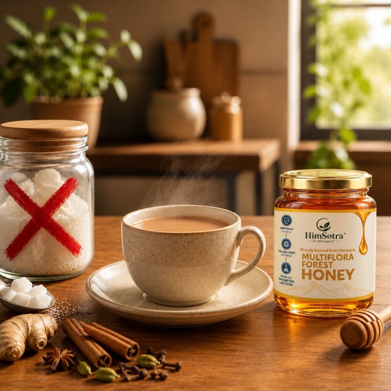 Cup of chai beside a jar of HimSotra honey, with the sugar jar crossed out