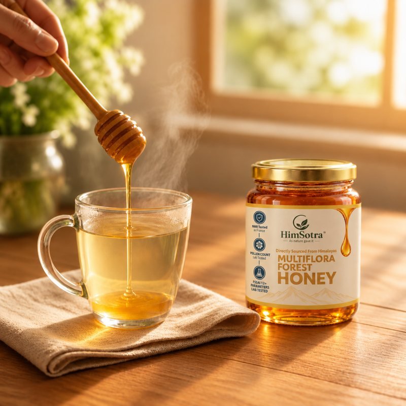 Honey being stirred into a glass of lukewarm water