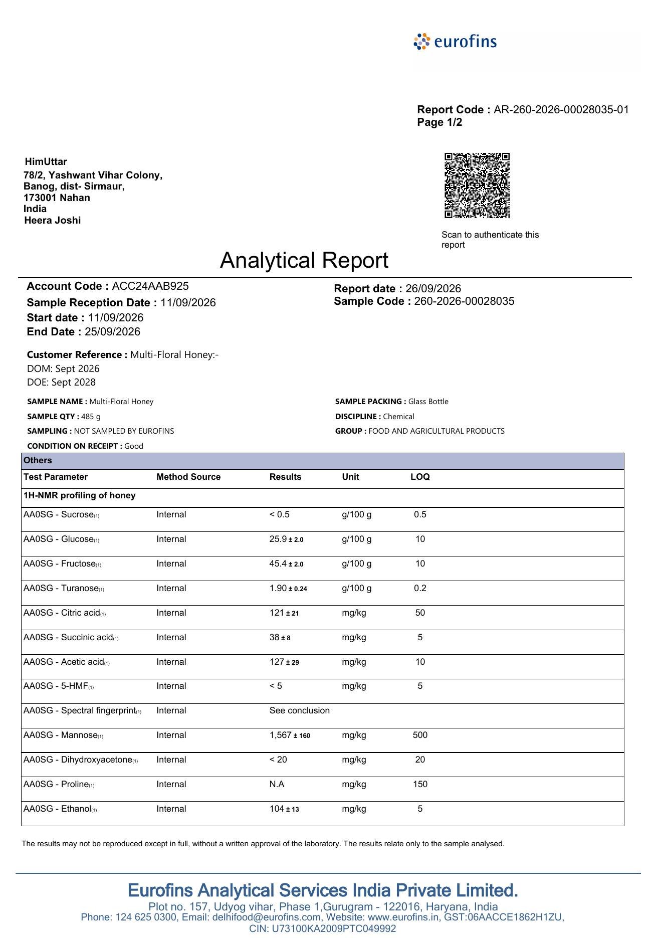 Eurofins NMR honey profiling report, page 1